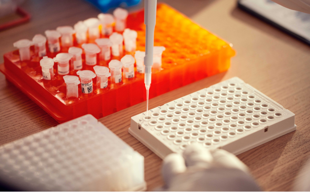 Scientist single pipetting into plate, sample tubes in the background